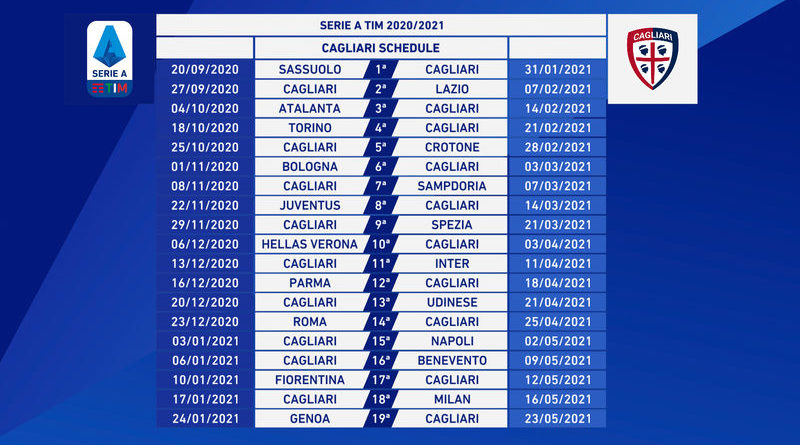 Calendario Serie A 2020/2021, Cagliari Calcio