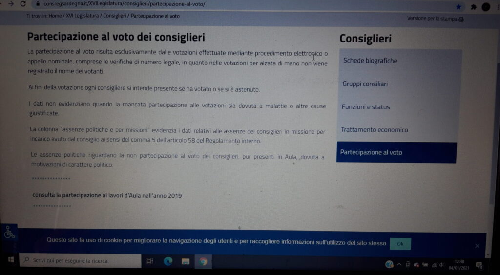 La pagina del sito del Consiglio regionale della Sardegna senza i dati sulla partecipazione al voto dei consiglieri regionali